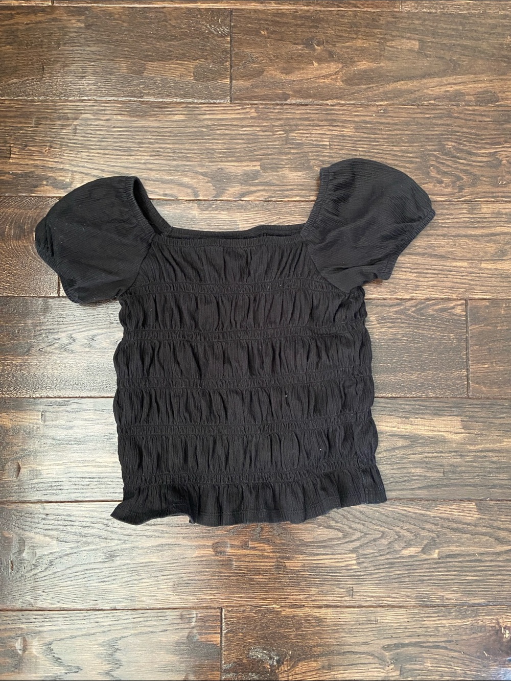Black Smocked Puff-Sleeve Top Size L